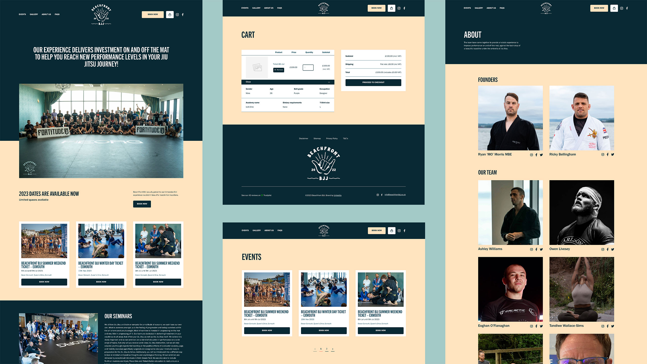 A collage of screenshots of Beachfront BJJ's website as looks on a desktop