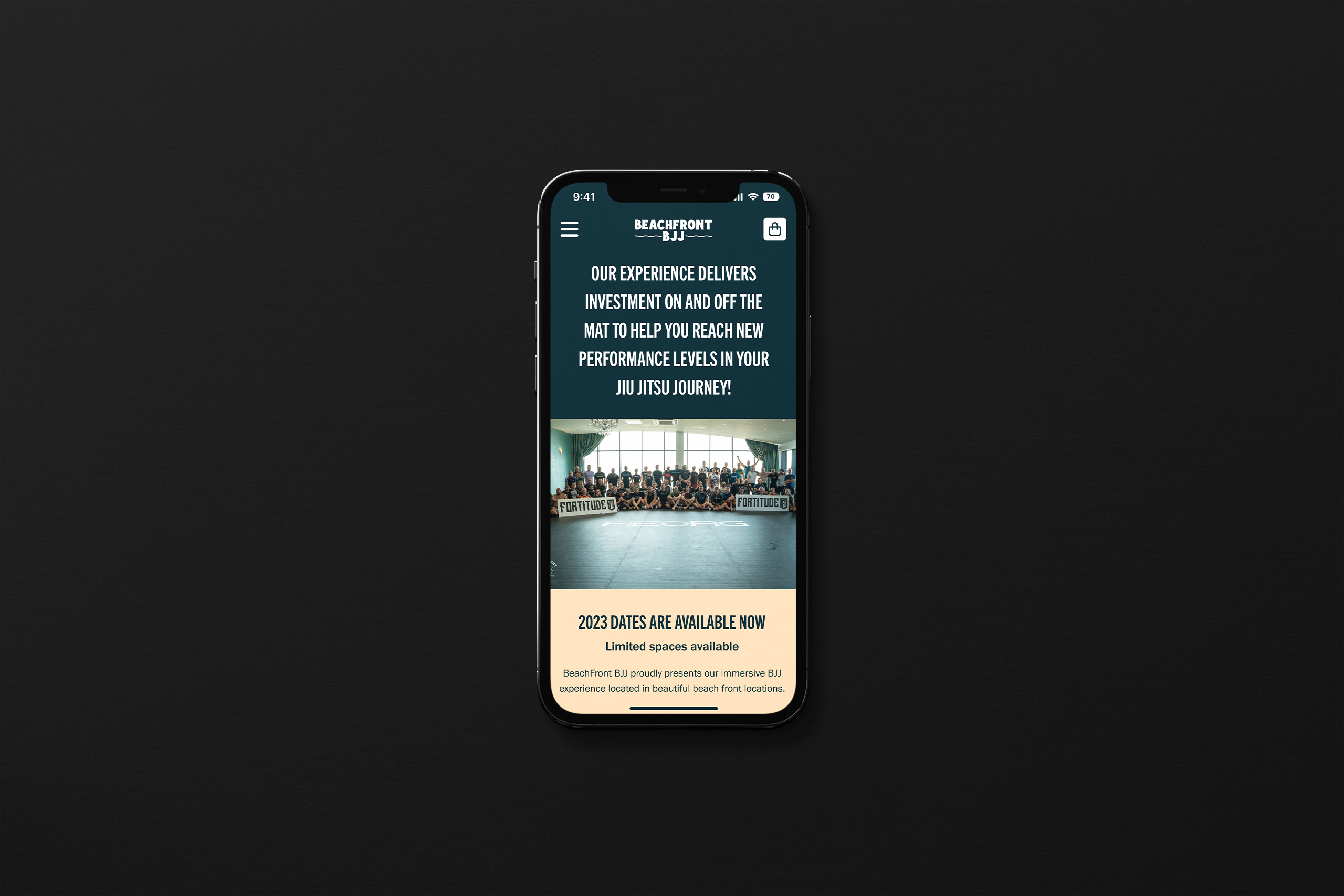 A view of Beachfront BJJ's homepage on a phone