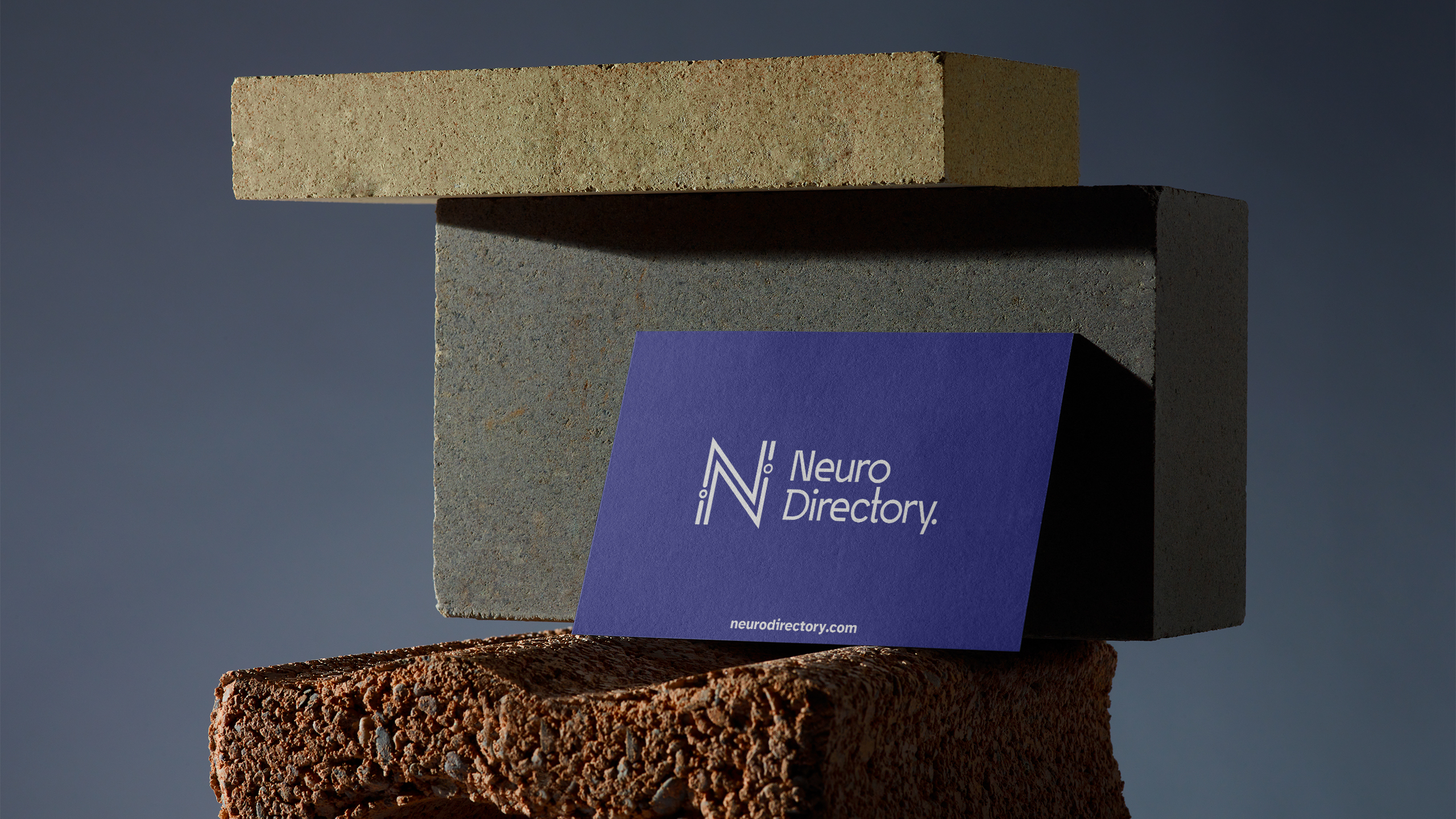 Branded business card artfully lit and resting against blocks of brick, rock and cement