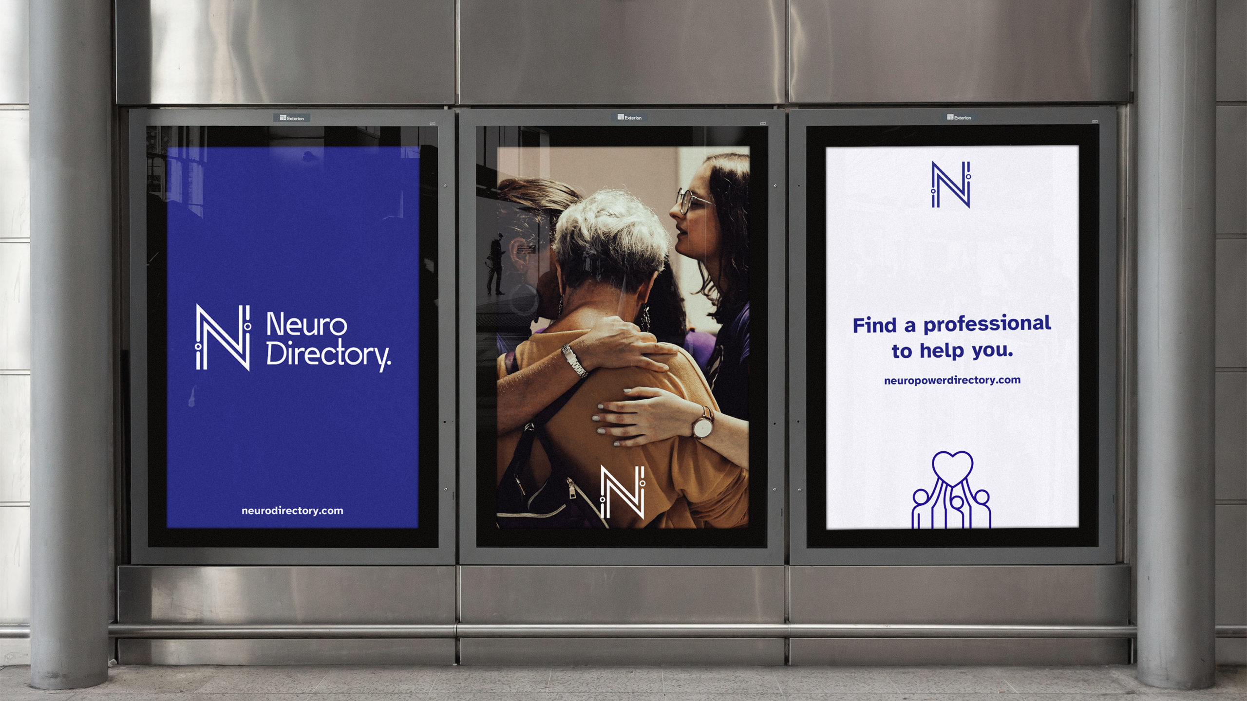 Three branded portrait-orientated posters. From left to right, the Neuro Directory logo, four individuals hugging each other in a circle, the message 'find a professional to help you' on white with a blue icon below of three people holding up a heart.